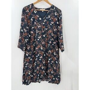 Garnet Hill Dress Floral V Neck Short Green Crinkle Gauze Lined 3/4Sleeve MEDIUM